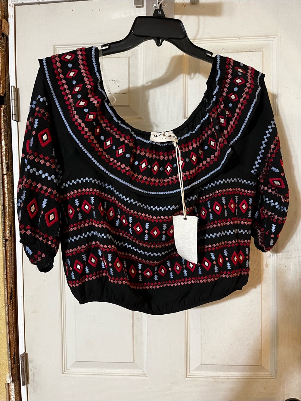 Savanna Jane Black Embroidered Peasant Blouse with Red & Light Blue Accents